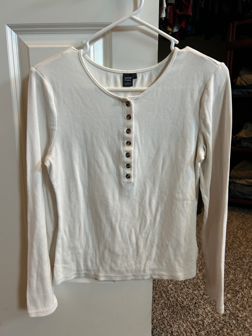 SHEIN Frenchy Cream Long Sleeve Ribbed White Henley Top Button up Large